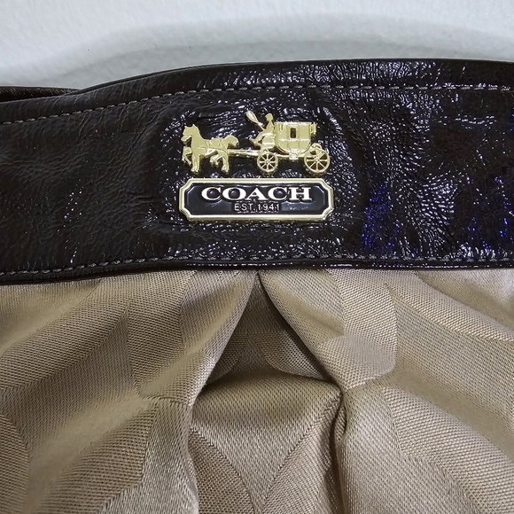 COACH Brown Tan Printed Canvas Patent Leather Top Handle Shoulder Tote Bag - Picture 5 of 16